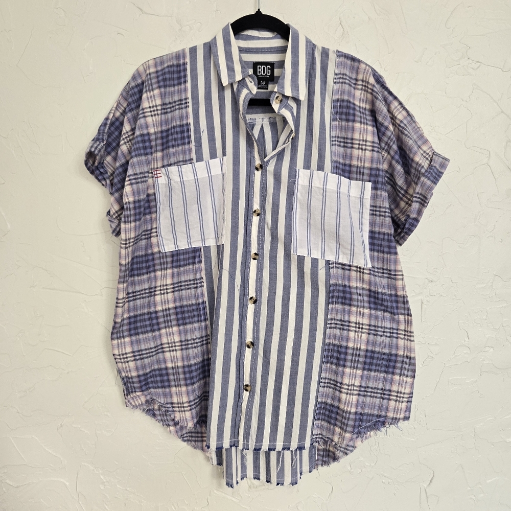 Bdg Patchwork Striped Oversized Button Up Blue Wh… - image 2
